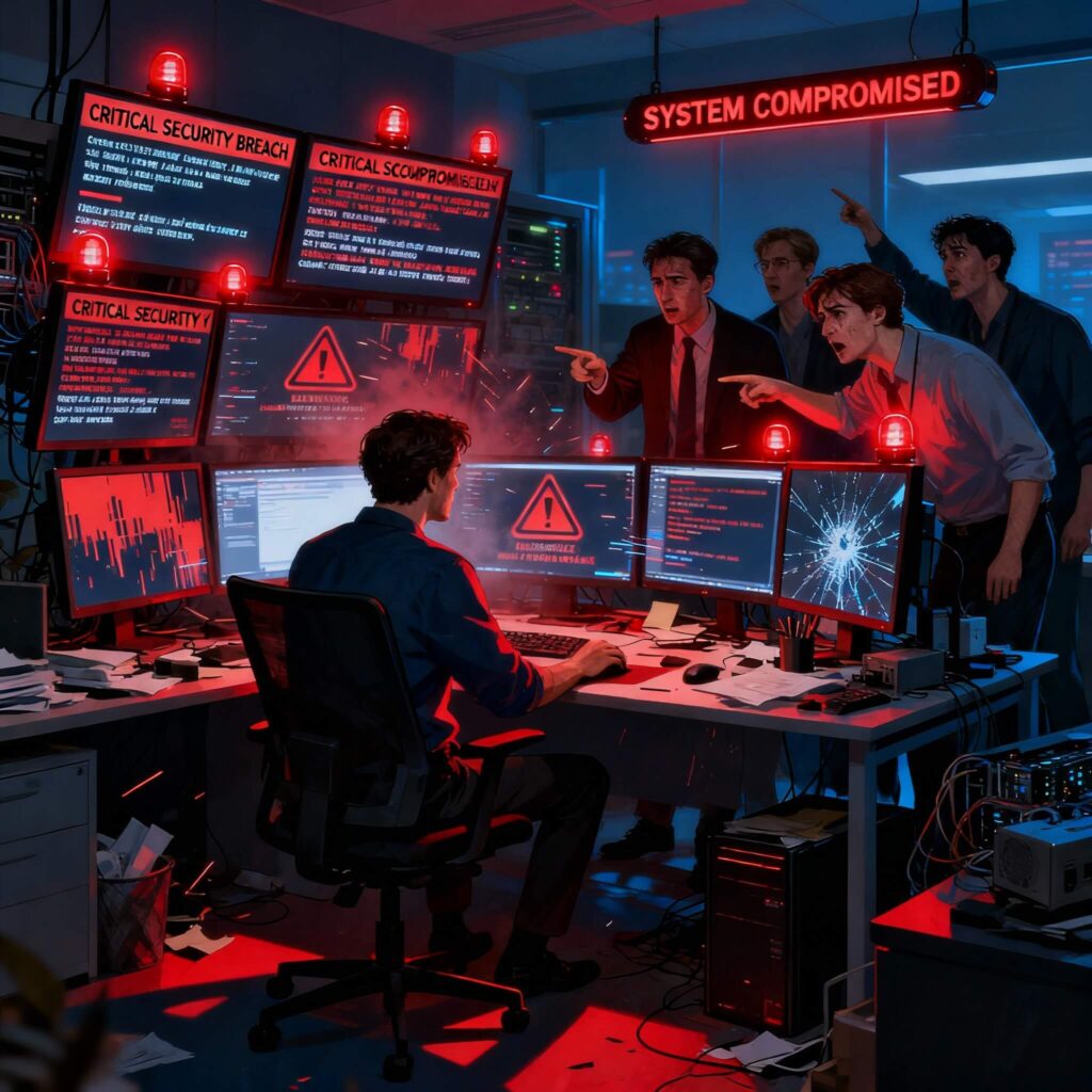 IT security incident showing real-time alerts and admin account compromise scenarios