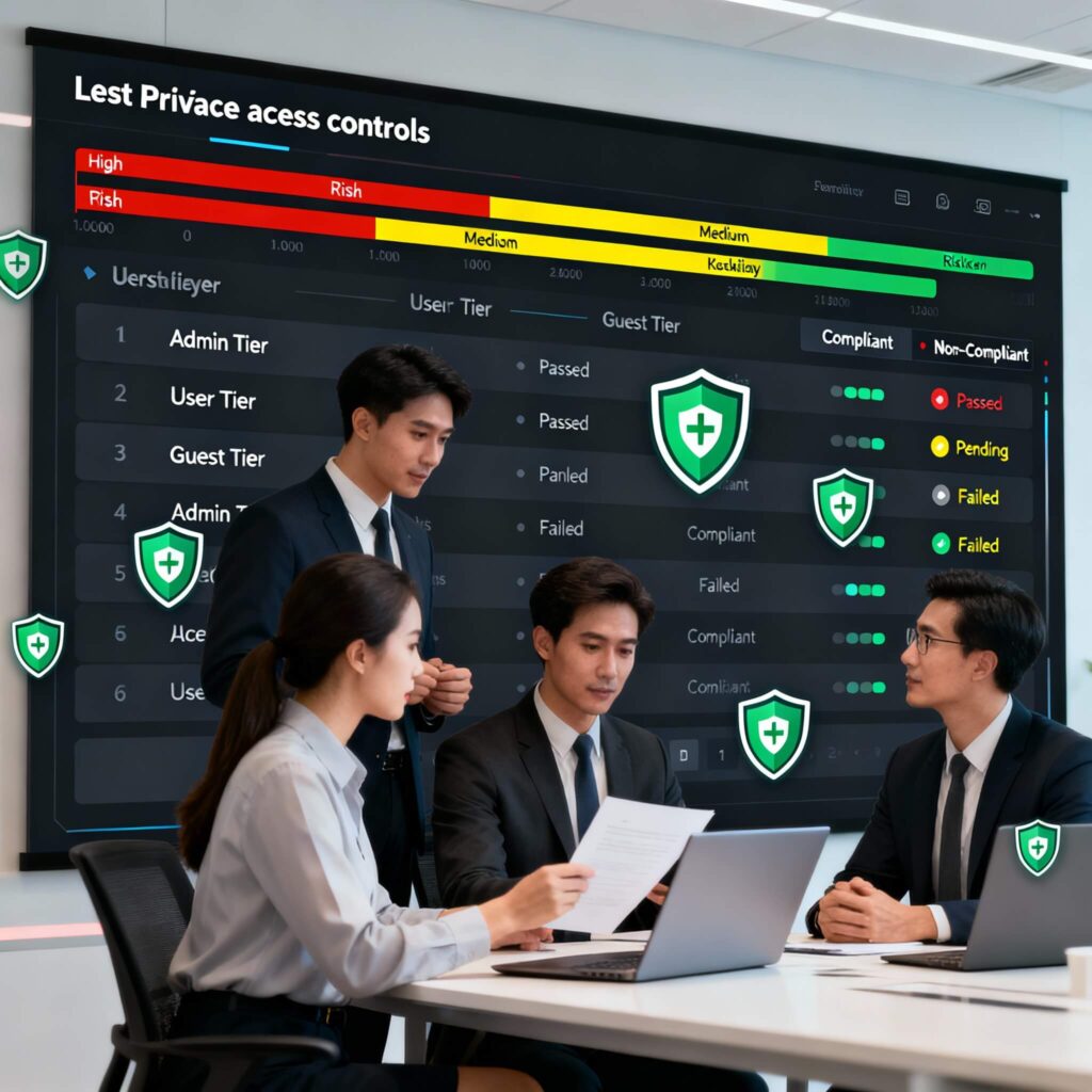 Least privilege security implementation dashboard with multi-tier access control and compliance monitoring