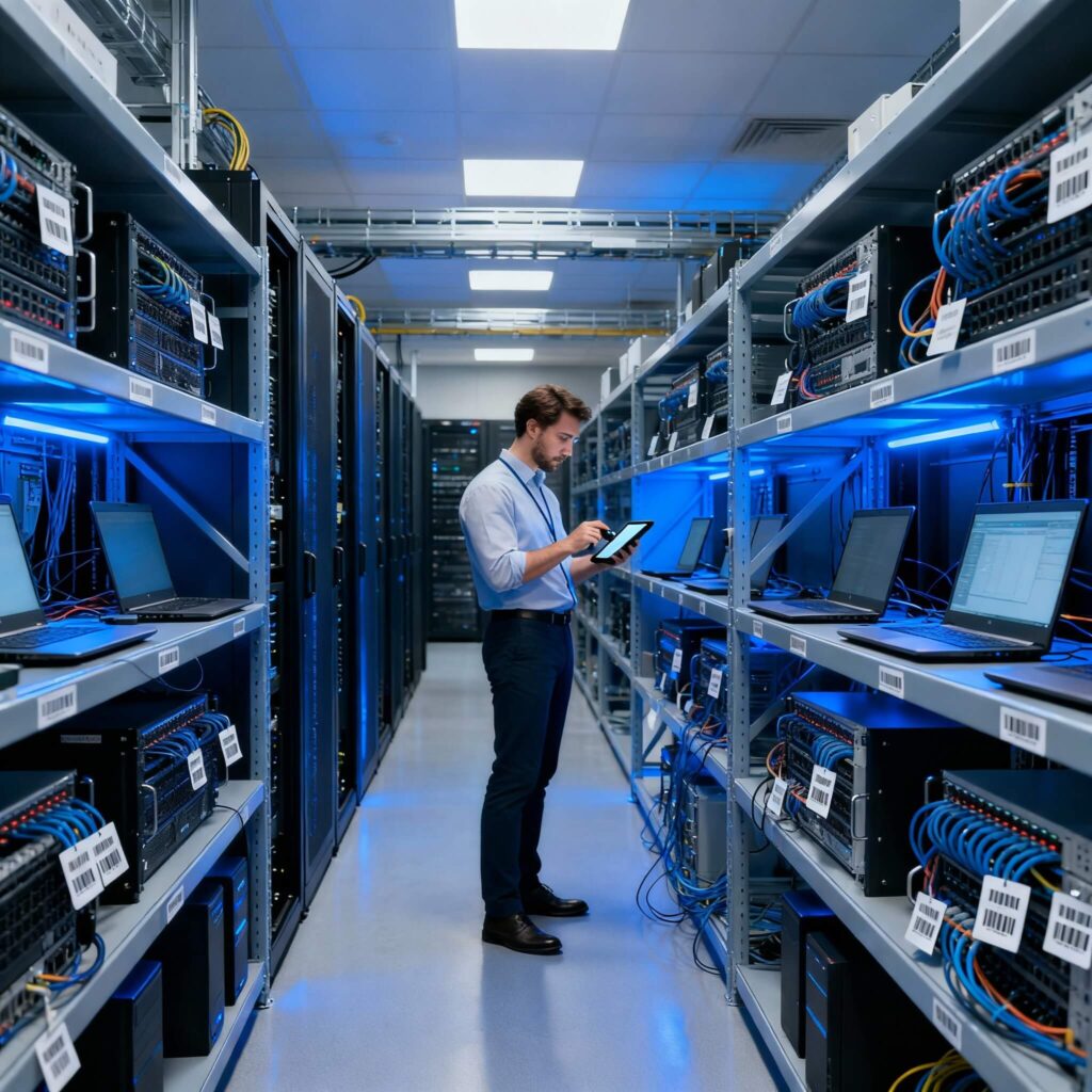IT professional scanning barcode tags on servers and network equipment in organized asset inventory storage facility
