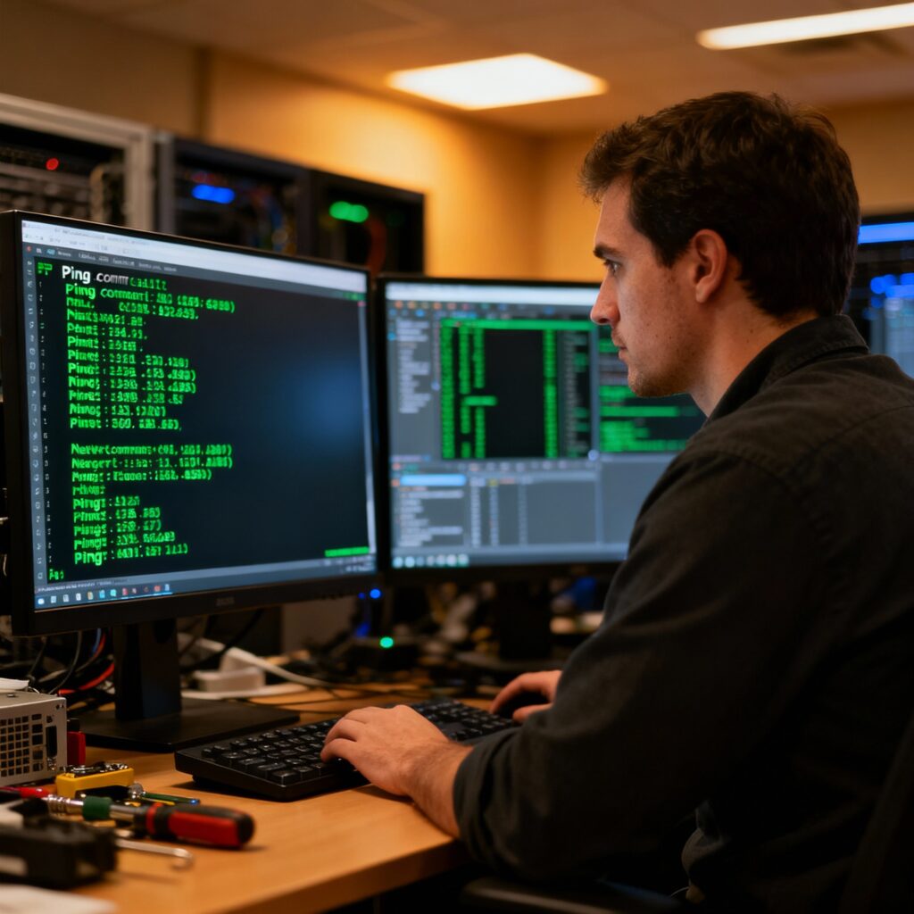 Network monitoring dashboard showing ping connectivity and server uptime metrics